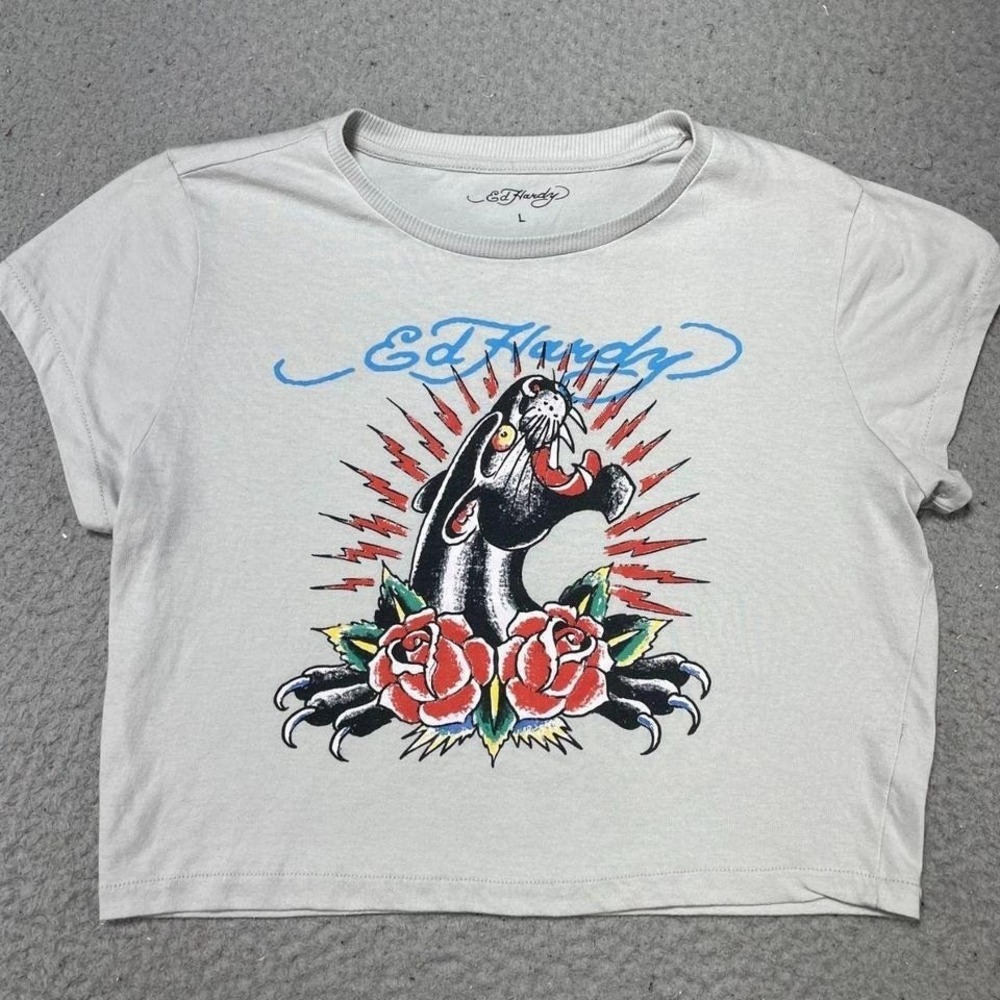 Ed Hardy Black Panther Tattoo Flash Cropped White Top T-Shirt Womens Large